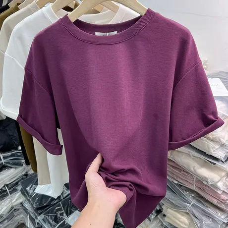 2024早春新款宽松休闲螺纹短袖T恤女慵懒风洋气纯色打底衫上衣潮商品大图