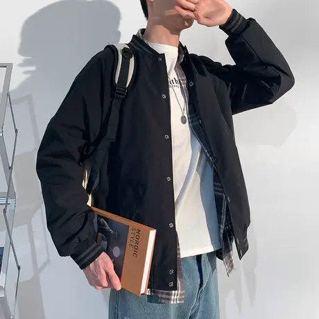 唐狮百搭黑色外套男士春秋新款便捷扣子纯色美式复古外套夹克学生图片