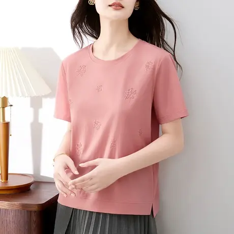纯棉短袖t恤女夏装新款精致时尚钉珠上衣洋气中年妈妈半袖体恤衫商品大图