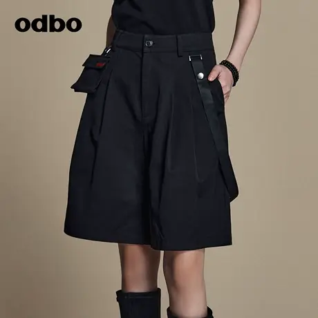 odbo 潮牌工装风织带黑色休闲短裤女夏季新款高腰显瘦阔腿五分裤商品大图