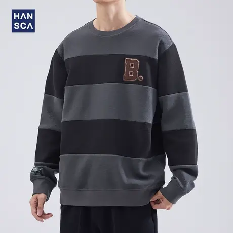 hansca华夫格卫衣秋季男青少年潮流复古宽松大码撞色条纹休闲长袖商品大图