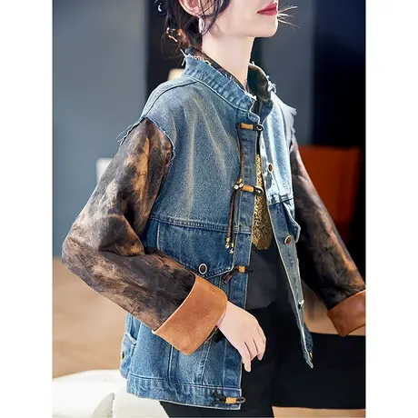 宝诗黎蝙蝠袖拼接牛仔外套2024春季新款设计感百搭短款休闲上衣女商品大图