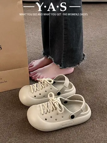 包头半拖鞋女夏季外穿防滑软底办公室洞洞鞋DIY鞋带海边沙滩凉拖商品大图