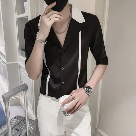 潮牌男装日系衬衫中袖男夏季短袖设计感小众上衣韩版帅气七分衬衣商品大图