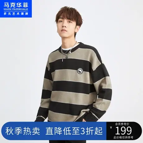马克华菲条纹装饰鲸鱼贴标圆领针织衫男2023春时尚休闲宽松套头图片