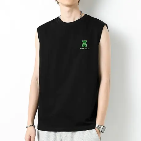 重磅背心男纯棉无袖t恤篮球跨栏夏季液氨长绒棉黑色小熊运动坎肩商品大图