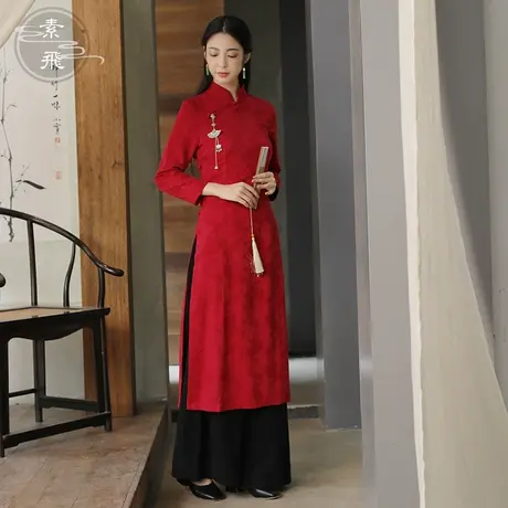 素飞改良奥戴旗袍中国风提花棉麻复古盘扣气质修身连衣裙茶服女商品大图