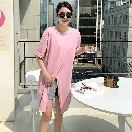 夏装新款开叉T恤上衣女中长款韩版宽松大码套头休闲体恤衫上衣潮图片