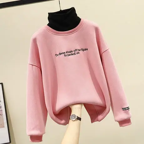 加绒卫衣女2021春秋新款韩版宽松加厚上衣休闲百搭高领针织衫外套商品大图