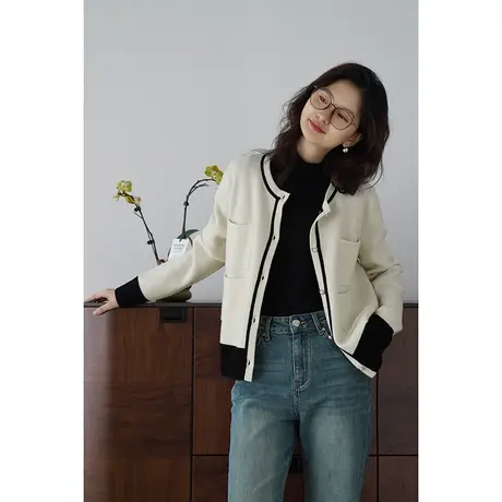 嘉茱莉2023新款小香风针织开衫女撞色针织毛衣外套1OO羊毛上衣商品大图