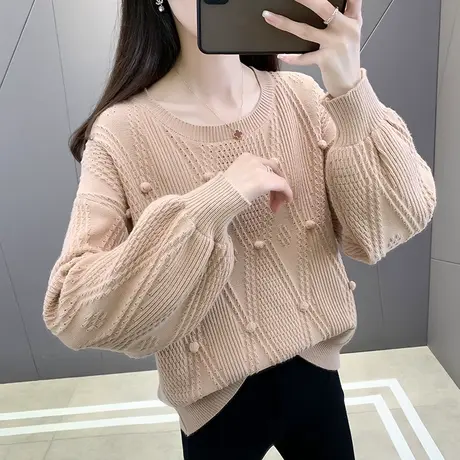 春装新款圆领套头针织衫女韩版宽松大码长袖上衣短款洋气时尚毛衣商品大图