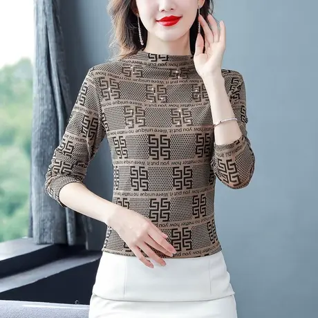 加绒保暖打底衫女2023秋冬装新款半高领长袖烫钻洋气内搭女上衣商品大图