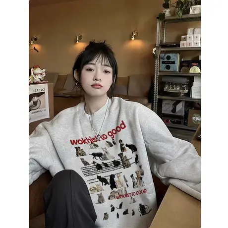 灰色卫衣女外套2023新款爆款秋冬美式oversize慵懒风宽松长袖上衣商品大图