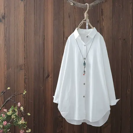 长袖翻领中长款棉麻衬衫女文艺范纯色上衣宽松前短后长打底衫衬衣图片
