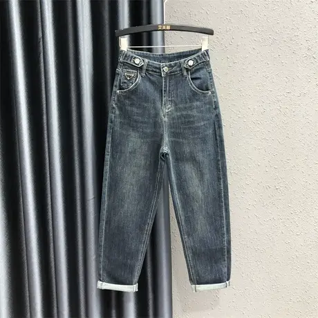 2023秋季新款松紧腰哈伦牛仔裤高腰纽扣直筒蓝色欧货萝卜老爹裤女商品大图