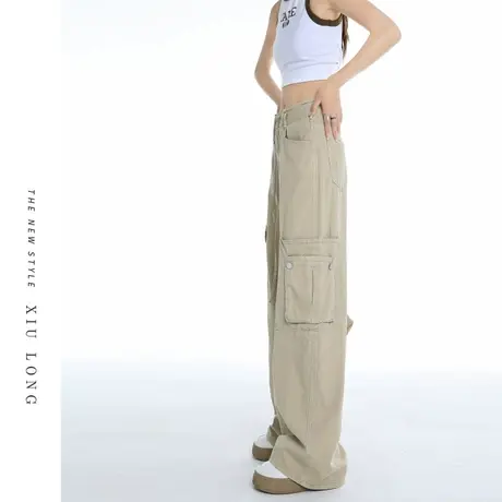 卡其色美式工装裤女高腰秋2023新款秋装宽松显瘦垂感阔腿休闲裤子图片