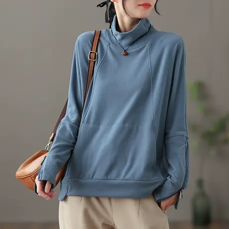 dza高领薄绒长袖t恤女士2022秋冬新款内搭上衣宽松保暖外穿打底衫商品大图