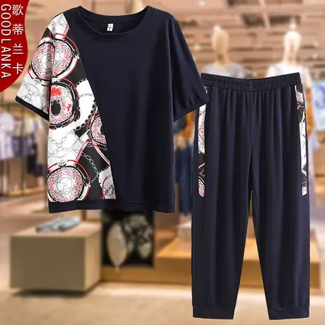 中年胖妈妈夏装短袖套装加肥加大码宽松洋气拼接撞色妈妈装两件套商品大图