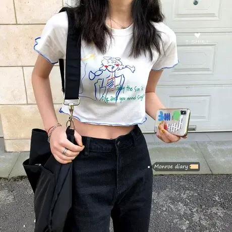 白色短袖印花T恤女设计感小众2023夏季新款短款辣妹露脐上衣ins潮商品大图