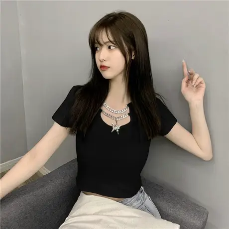 网红t恤女ins超火2023年新款短款性感露脐黑色短装上衣配高腰裤商品大图