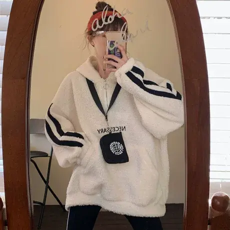 羊羔毛卫衣女套头秋冬韩版宽松ins原宿bf慵懒风上衣加绒加厚外套图片