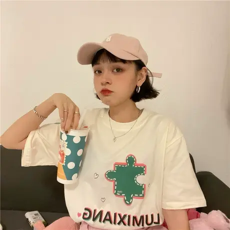 红续2023新款圆领基础休闲立体字母印花宽松纯棉短袖t恤女ins潮商品大图