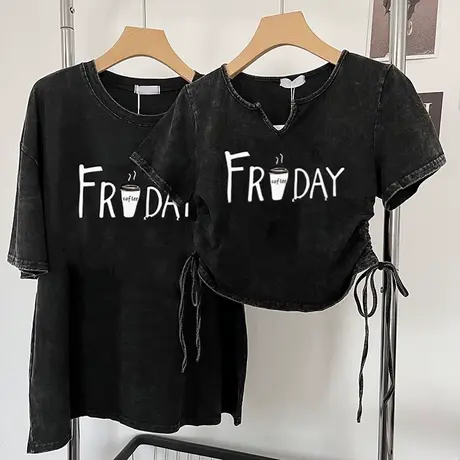 ins超火水洗做旧设计感小众纯棉短袖T恤女夏装小个子短款半袖上衣图片