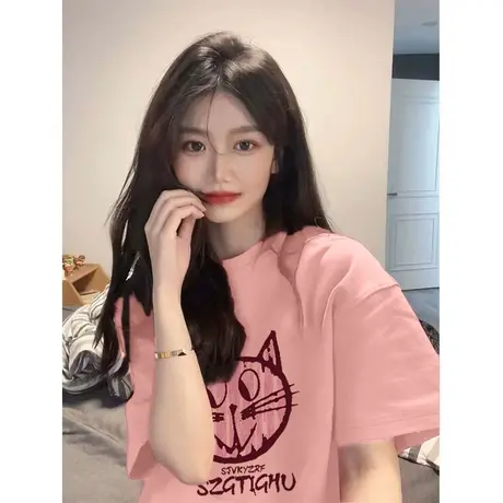 粉色纯棉短袖t恤女夏季2023新款大码圆领宽松小众设计感半袖上衣图片