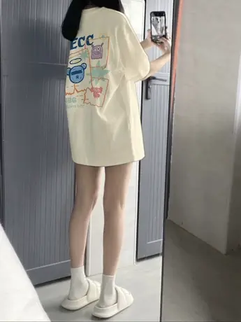 杏色纯棉短袖t恤女小个子夏季宽松oversize美式复古潮牌半袖上衣图片