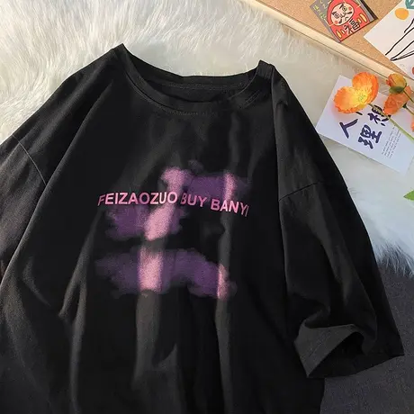 黑色美式街头风t恤女装港风宽松ins潮百搭法式情侣服半袖夏天上衣商品大图
