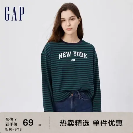 Gap女装秋季款LOGO休闲水洗棉长袖T恤445769运动百搭廓形上衣图片