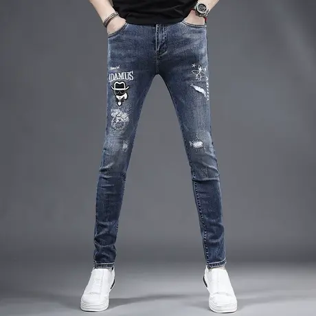 2023春季新款刺绣牛仔裤男款破洞修身小脚潮牌男士牛仔裤春秋款商品大图