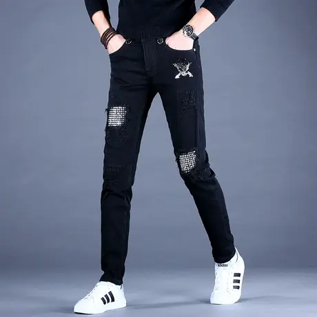 2023新款男士黑色破洞朋克牛仔裤男款潮牌修身小脚裤子休闲秋款薄图片