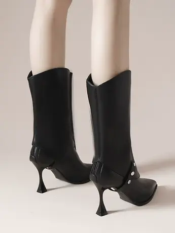 欧美风两穿尖头铆钉高跟中筒靴女2023年新款细跟后拉链时装马丁靴商品大图