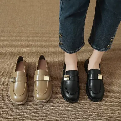 女鞋单鞋女2023年春季方跟新款黑色一脚蹬乐福鞋复古英伦风小皮鞋商品大图