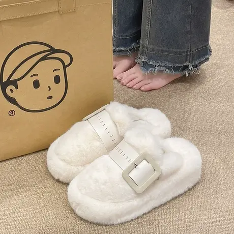 毛毛拖鞋女冬季网红时尚外穿韩版室内家居毛绒保暖包头厚底棉拖鞋商品大图