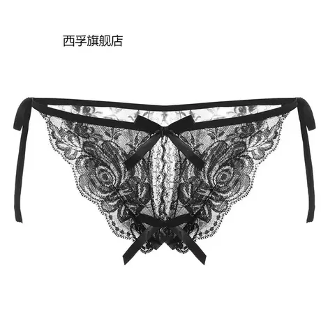 性感女士内裤透明开档丁字裤低腰系带T裤大码情趣蕾丝边绑带内裤图片