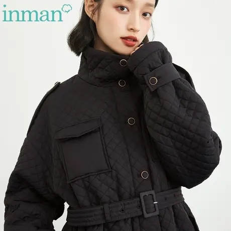 茵曼旗舰店菱格爆款棉衣女棉服2023年冬季新款收腰短款黑色外套图片