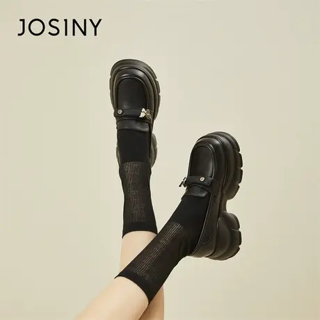Josiny/卓诗尼小皮鞋女2024新款春季粗跟内增高英伦风黑色乐福鞋商品大图