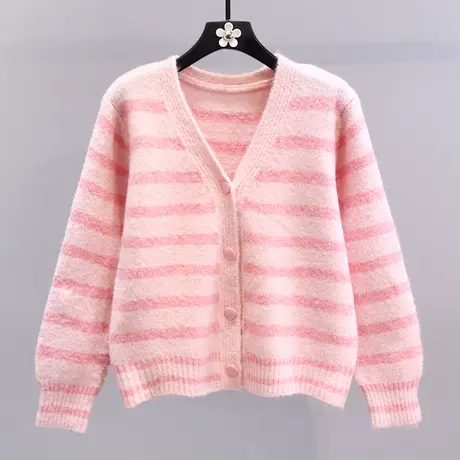 小清新条纹V领毛衣外套女秋冬2023新款时尚洋气宽松短款针织开衫商品大图