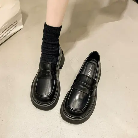 乐福鞋女2024年春秋季新款复古一脚蹬小皮鞋配裙子粗跟黑色单鞋潮图片