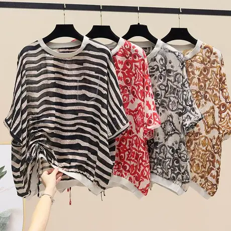 大码夏季新款时尚条纹T恤女薄款抽褶透气韩版百搭短袖体恤上衣潮商品大图