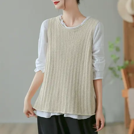 dza 复古套头内搭针织马甲女士春秋新款宽松叠穿毛衣背心马夹上衣图片