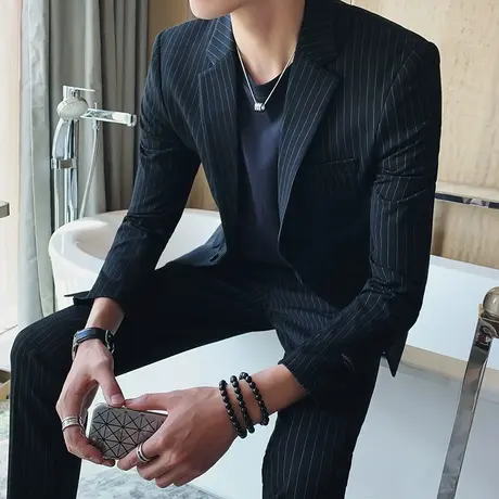 韩版休闲条纹小西装外套男套装英伦风帅气青年修身学生一套西服潮商品大图