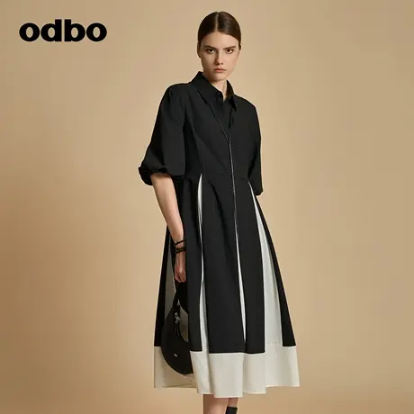 odbo/欧迪比欧原创设计灯笼袖高腰衬衫连衣裙女秋冬2023新款A字裙图片