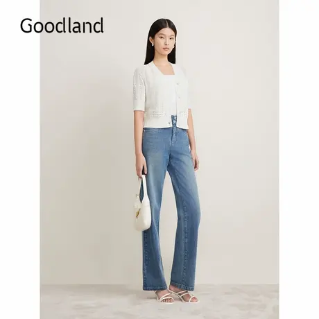 Goodland美地夏季复古钩花镂空V领毛针织开衫图片