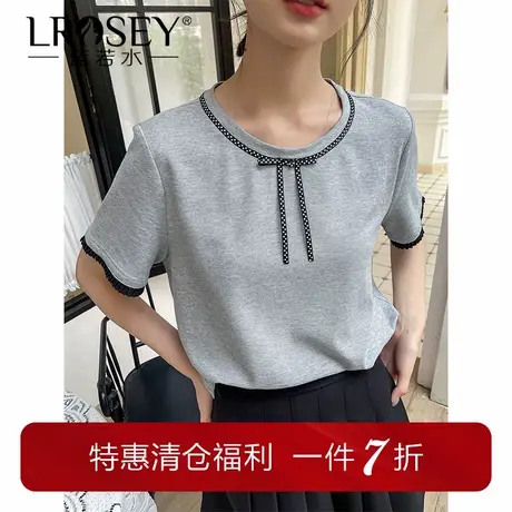 蓝若水大码女装撞色拼接蝴蝶结凉感T恤夏季新品胖mm韩系减龄上衣商品大图