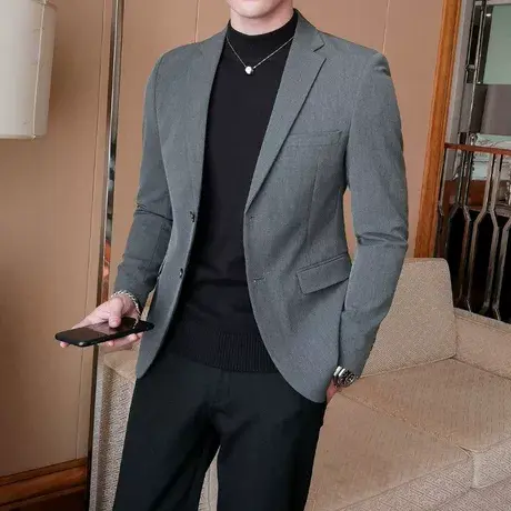 新款西服男修身小西装休闲百搭韩版帅气潮流纯色商务春秋西装外套图片