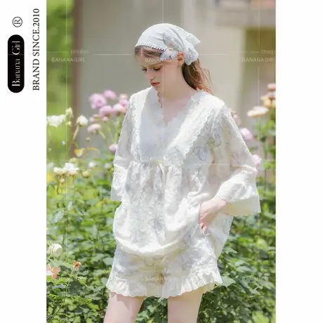 Bananagirl睡衣女夏新款凉感大码甜美公主风三件套短袖冰丝家居服商品大图