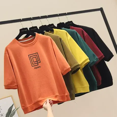 春季圆领七分袖卫衣女短款春装2023年新款高腰小款中袖上衣薄款潮商品大图